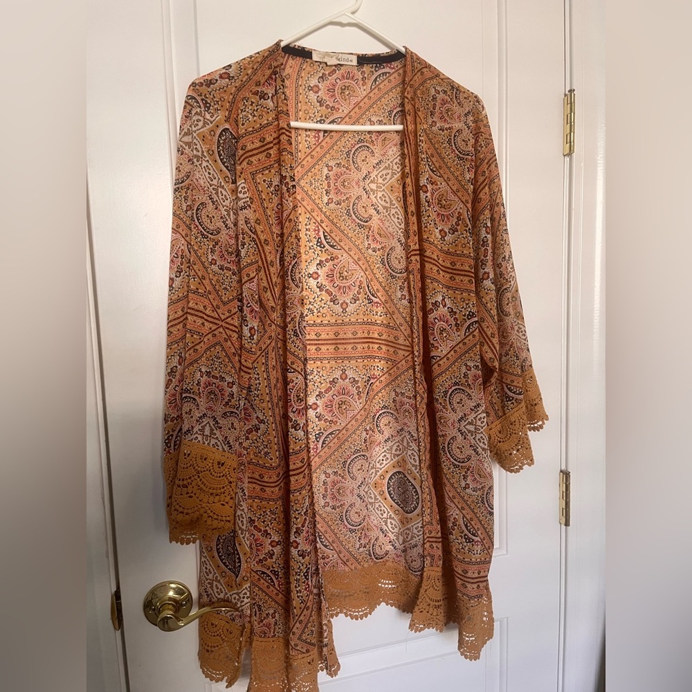 Rewind Boho print open front kimono jacket with cotton lace trim rust gold XL